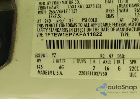 2019 Ford F150 Xl z USA, uszkodzony, nr VIN 1FTEW1EP7KFA11822